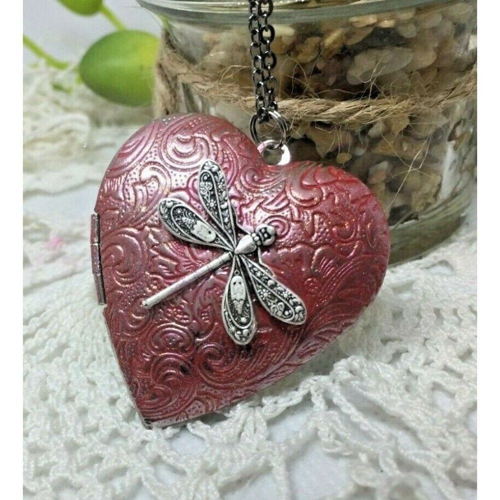 Pink Heart Locketdragonfly Necklace Photo Silver